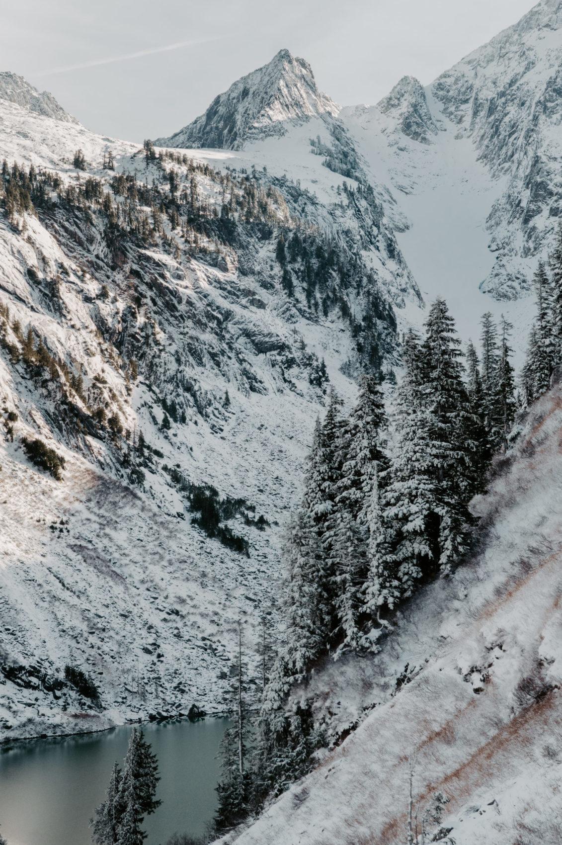 Towering snow-covered peaks and evergreen trees in the Cascade Mountains of Washington.