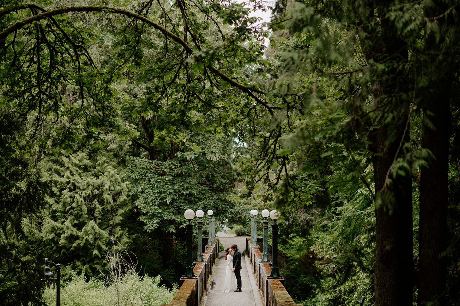 A couple sharing an intimate moment on a bridge surrounded by lush greenery at Washington Park Arboretum.