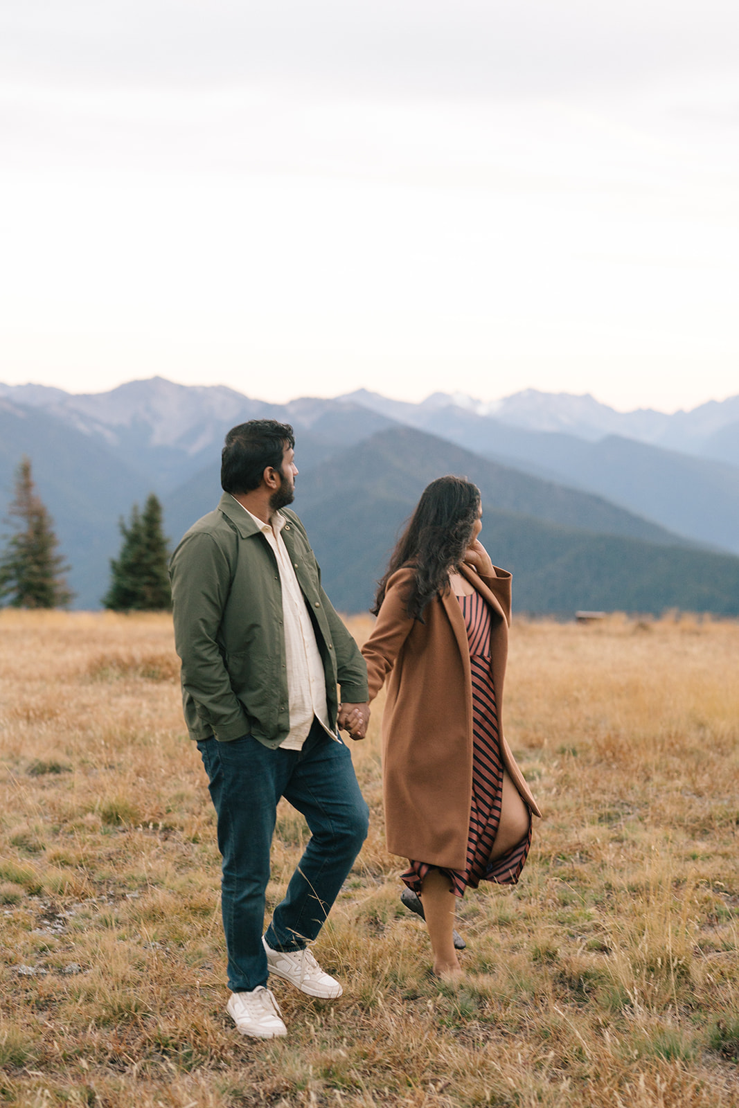Couple walking hand in hand through an open alpine meadow.