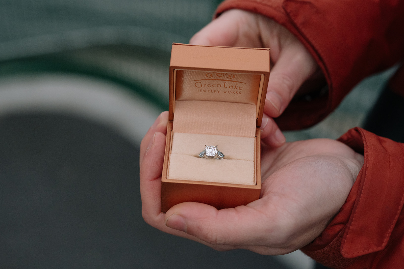 An engagement ring in an open box, held gently by a hand on the Washington ferry.