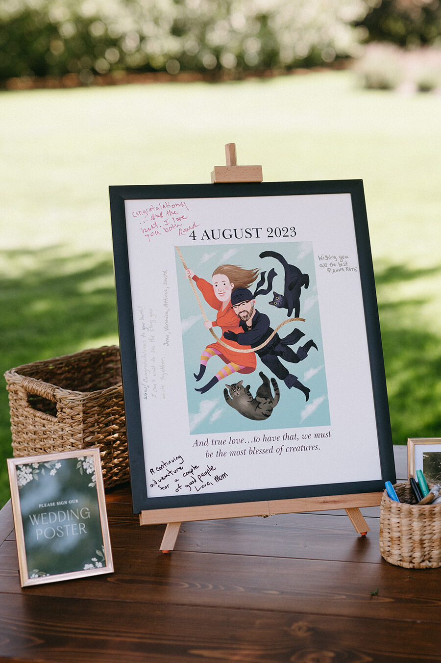 Illustrated wedding poster guestbook signed by guests with personal messages