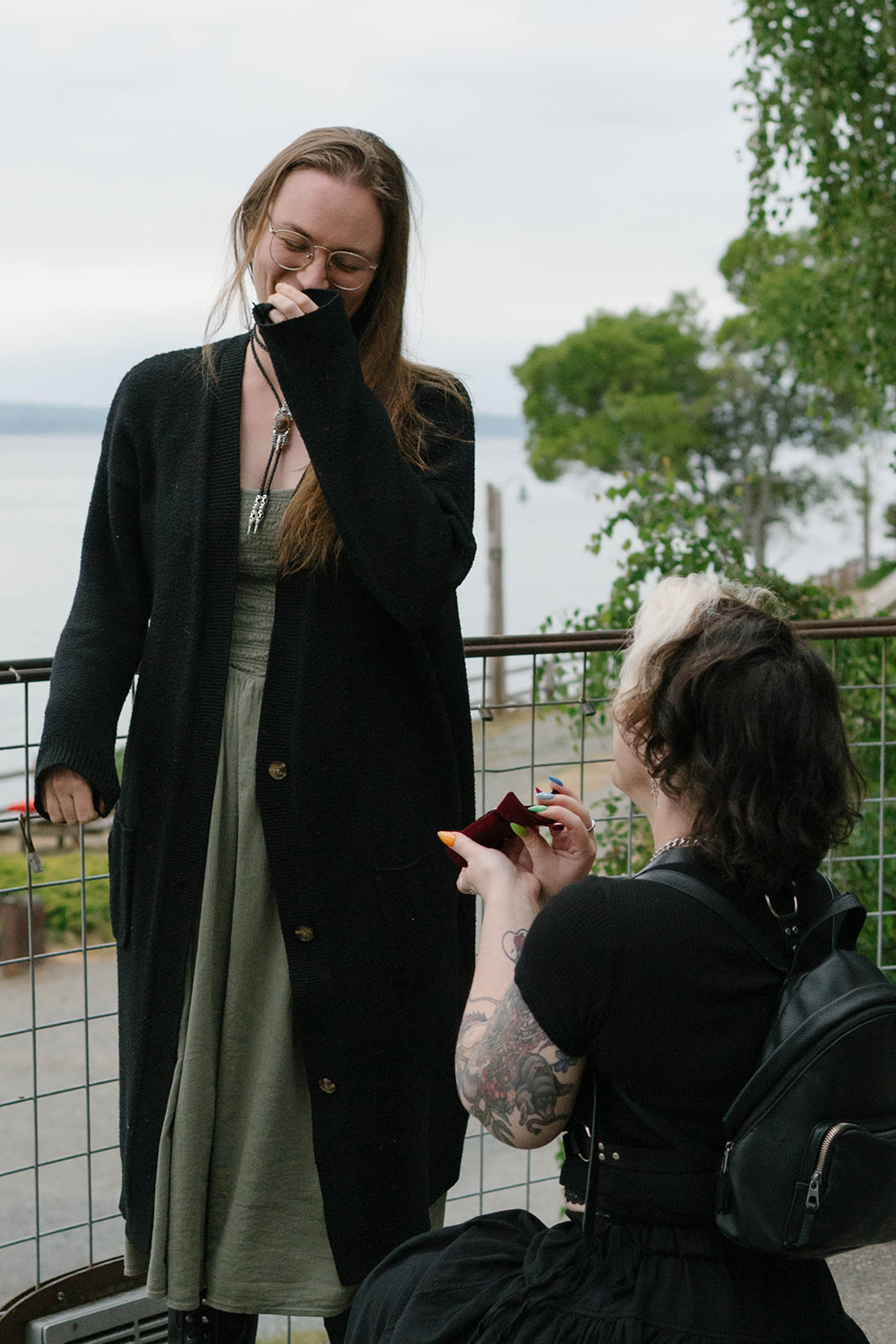A woman covers her mouth in shock as her partner proposes to her at a waterfront overlook on Whidbey Island.