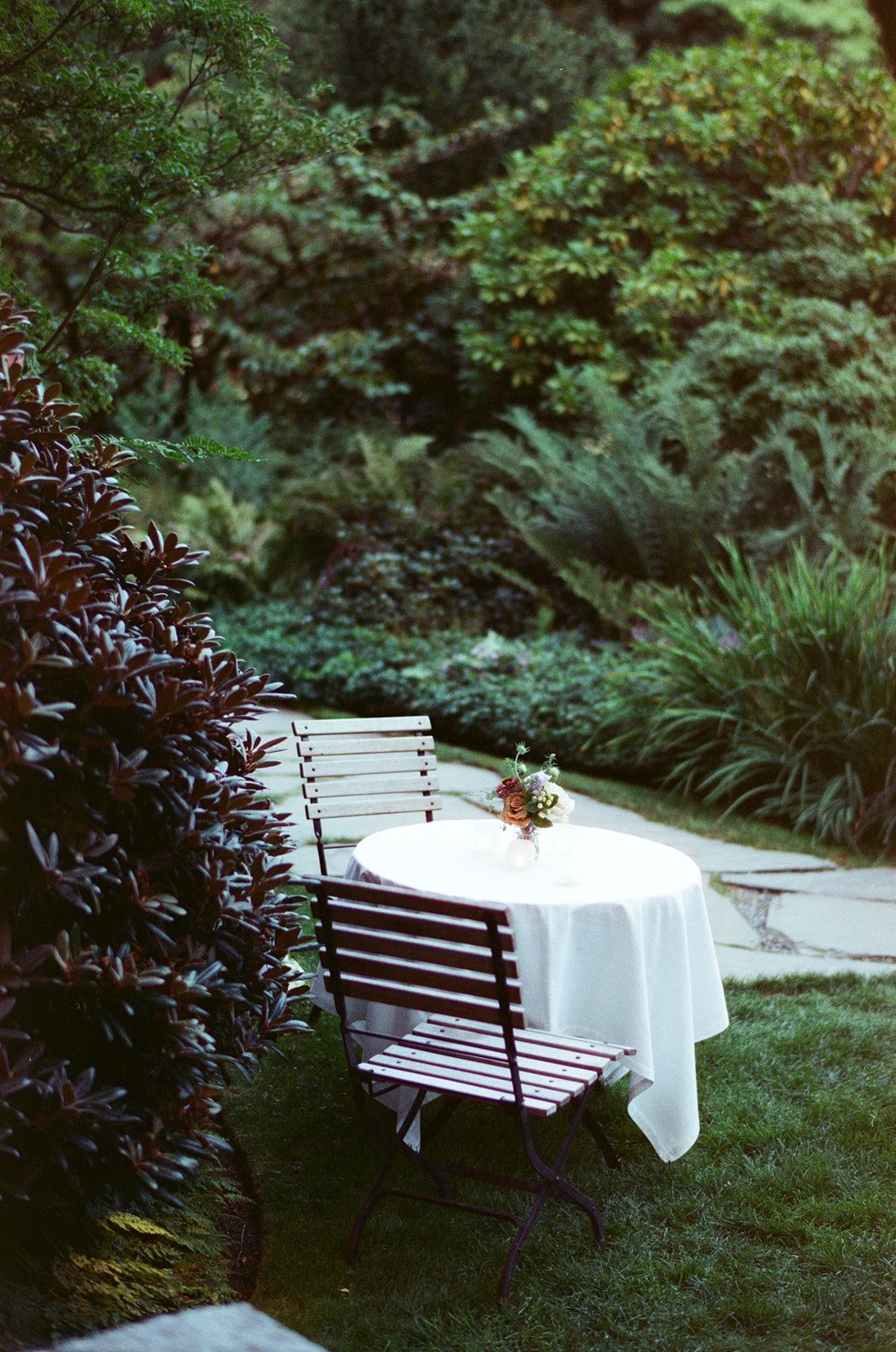 A small round table set in the garden at Bella Luna Farms, surrounded by lush greenery and evening light, photographed on Candido ISO 800 film.
